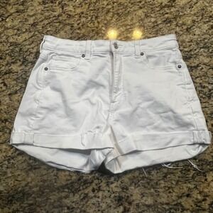 American Eagle Mom Shorts Womens 10 White Stretch Denim High Rise Rolled Cuff